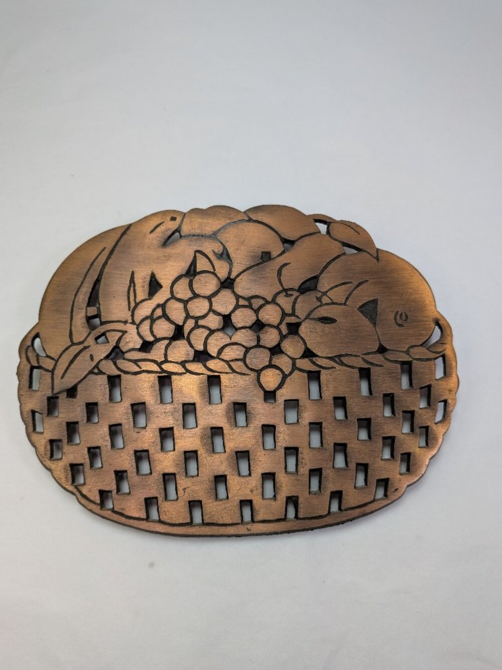 Vintage Solid Copper Fruit Basket Trivet Openwork Weave Wall Hanging